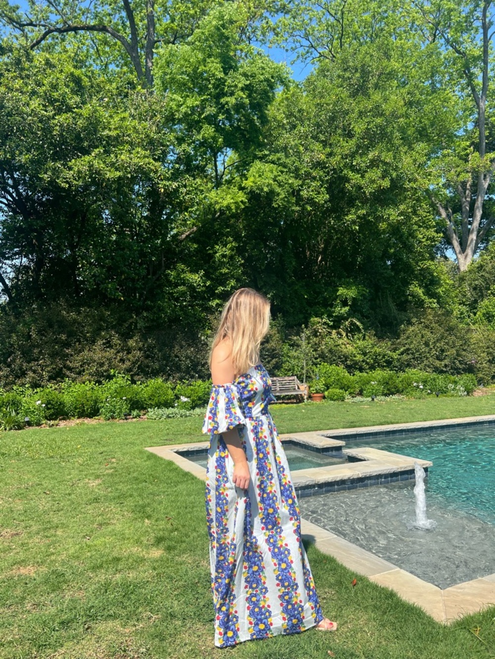 Beyond by Vera Off-Shoulder Floral Maxi Dress in White and Blue - Picture 3 of 3